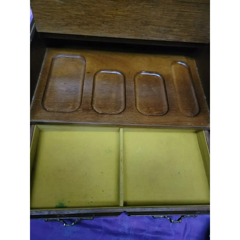 VTG Wood Jewelry Box Chest Brass Velvet Interior Valet Men MCM Anchors